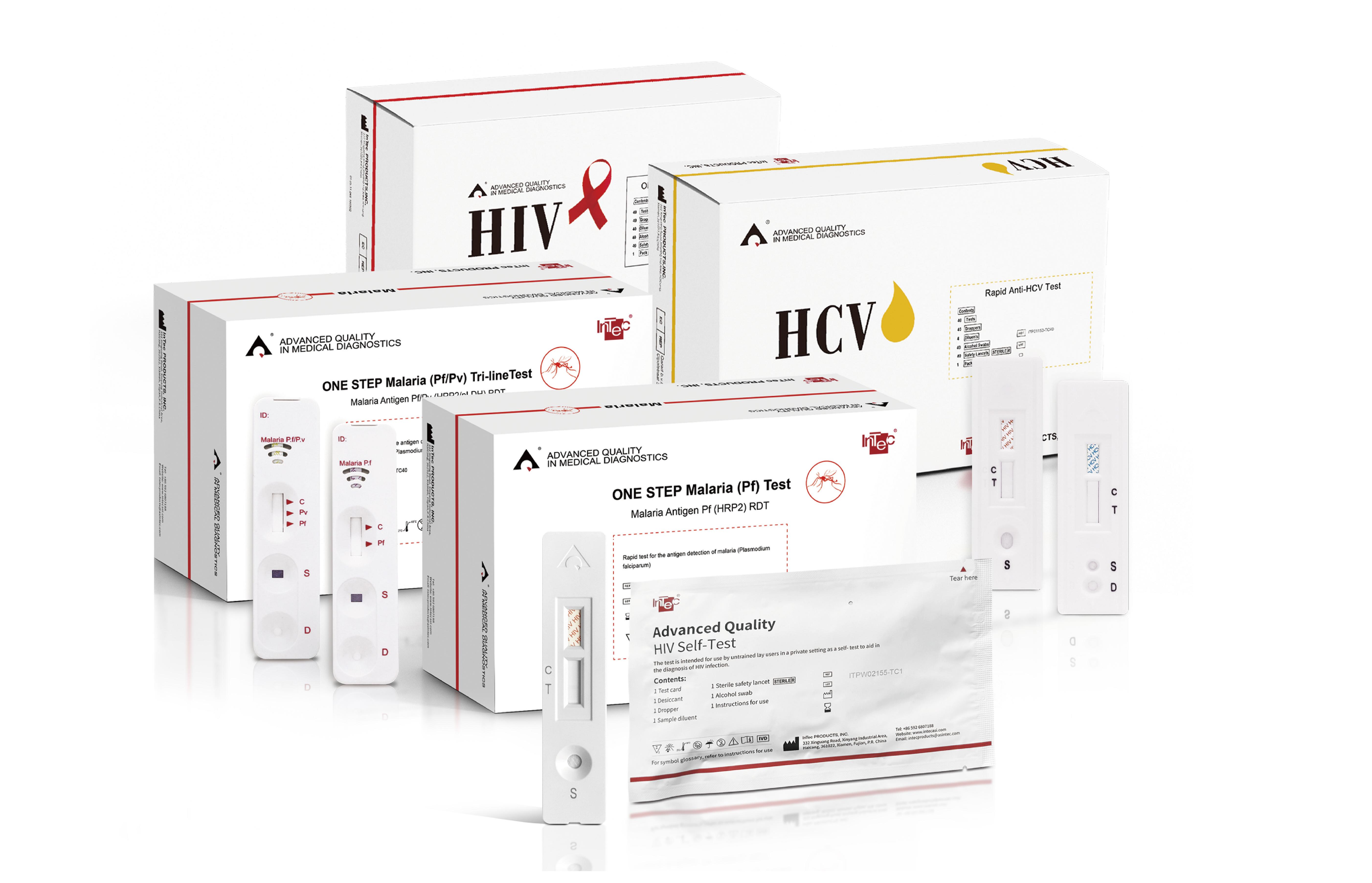 5 WHO PQ-Listed Products: HIV (1 & 2) I HIV Self-Test I HCV I Malaria (P.F) I Malaria (P.F / P.V) Tri-line Test